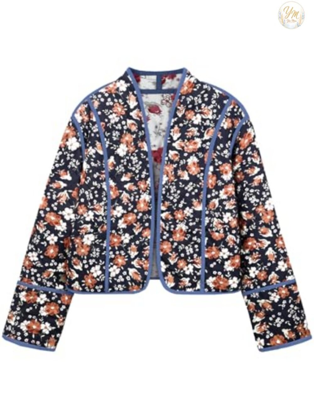 Quilted Floral Cropped Puffer Jacket Lightweight Open Front Women's Coat